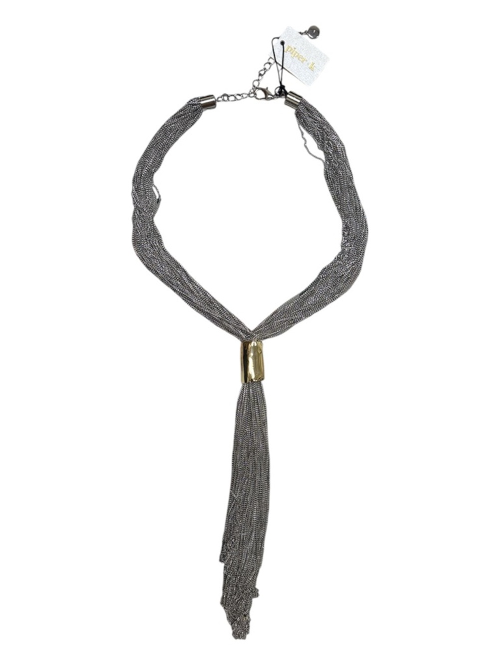 Silver Mesh Multi-Strand Tassel Necklace with Gold Accent